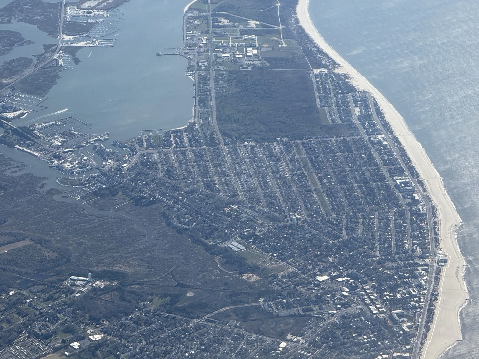 Aerial view of the City of Cape May, with the harbor, city streets and the beach