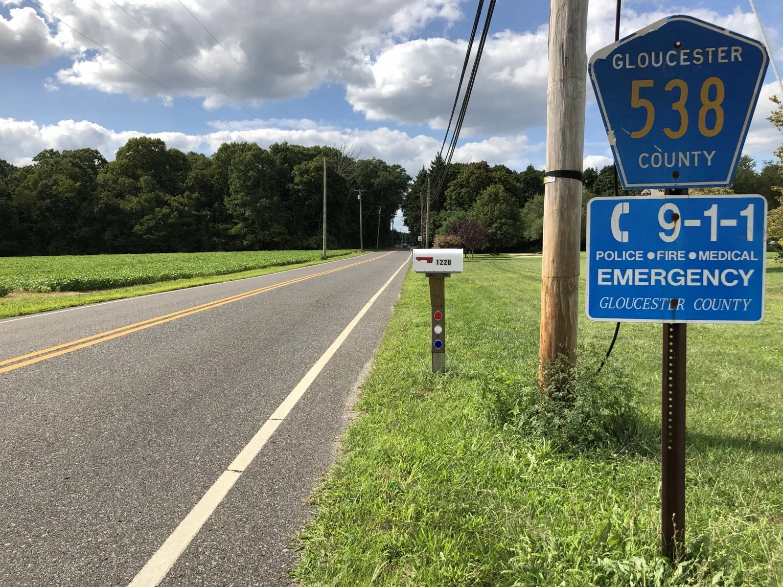 County Route 538, Elk Road, running west past a crop field in Elk Township