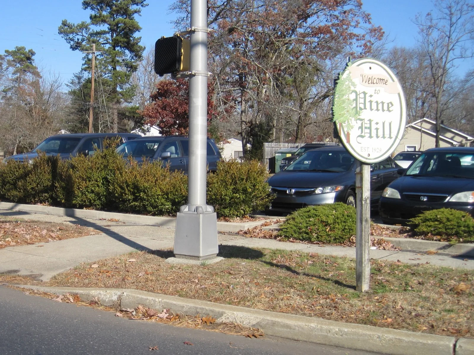 The Welcome to Pine Hill sign beside a Camden County road