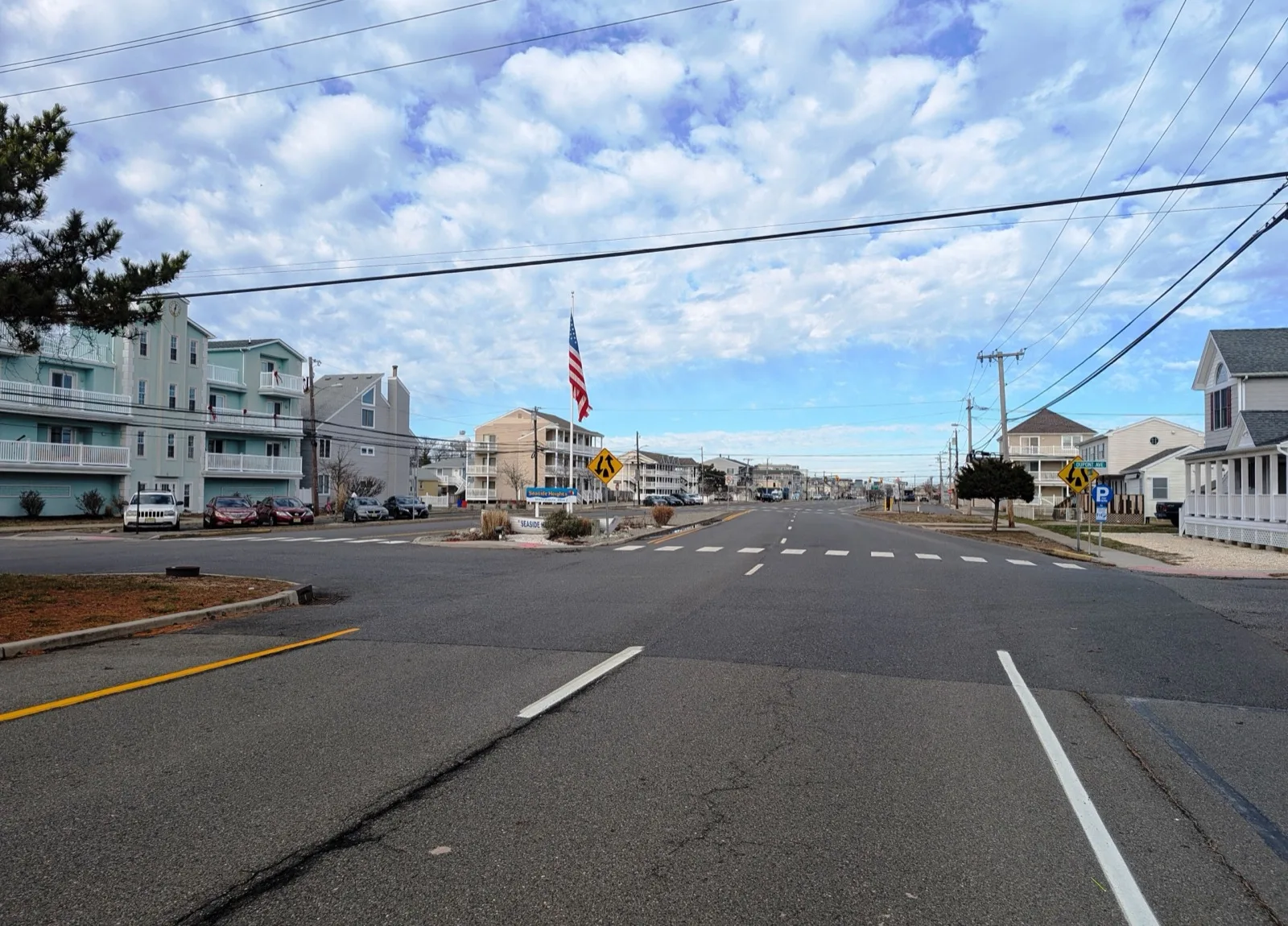 County Route 47 heading north into Seaside Heights, with apartments and homes along the road