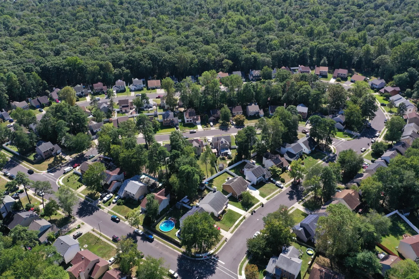An aerial of a subdivision of single family homes on curving streets, with woods around it