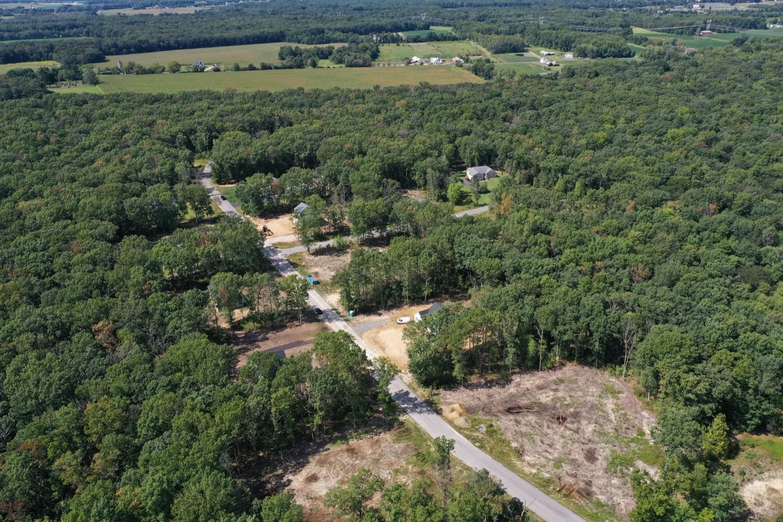 Aerial view of wooded acreage opened up by a new road with the first lots cleared